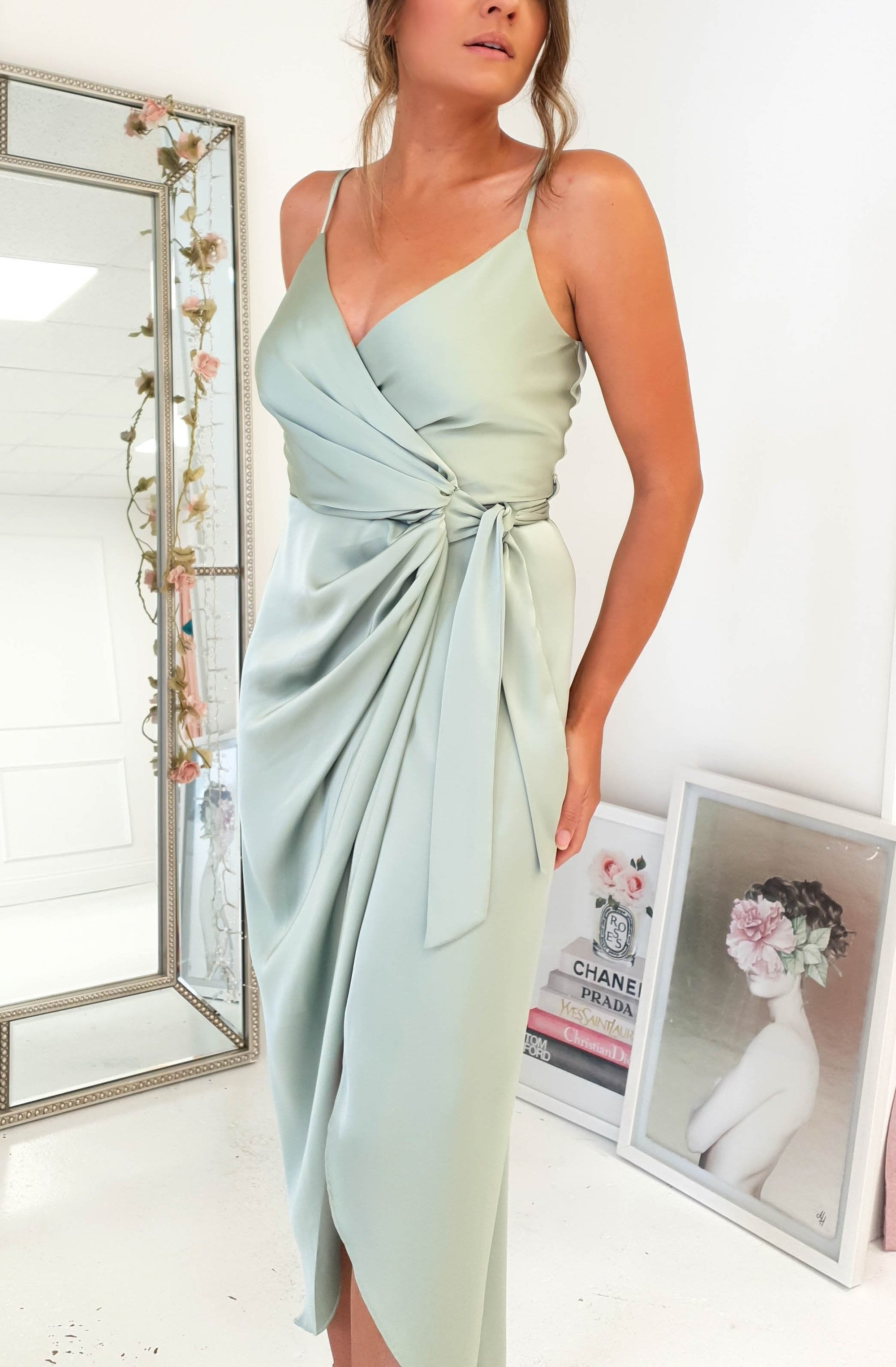 Carrie Midi Wrap Dress | Sage Green | Oh Hello Clothing | XS (6)
