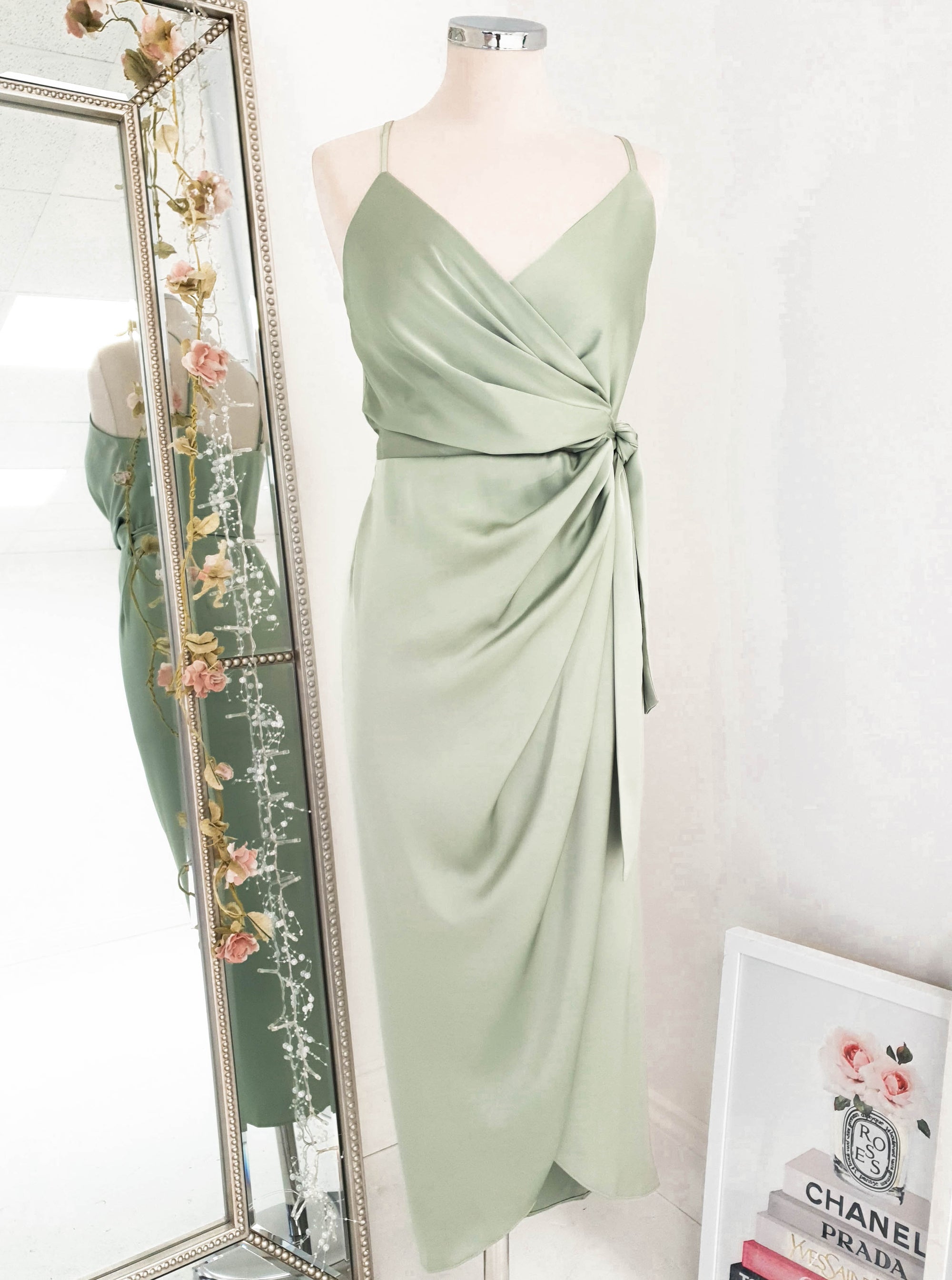 Carrie Midi Wrap Dress | Sage Green | Oh Hello Clothing | XS (6)