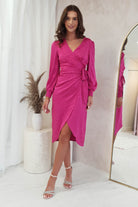 Louise Wrap Satin Midi  | Hot Pink - Oh Hello Clothing