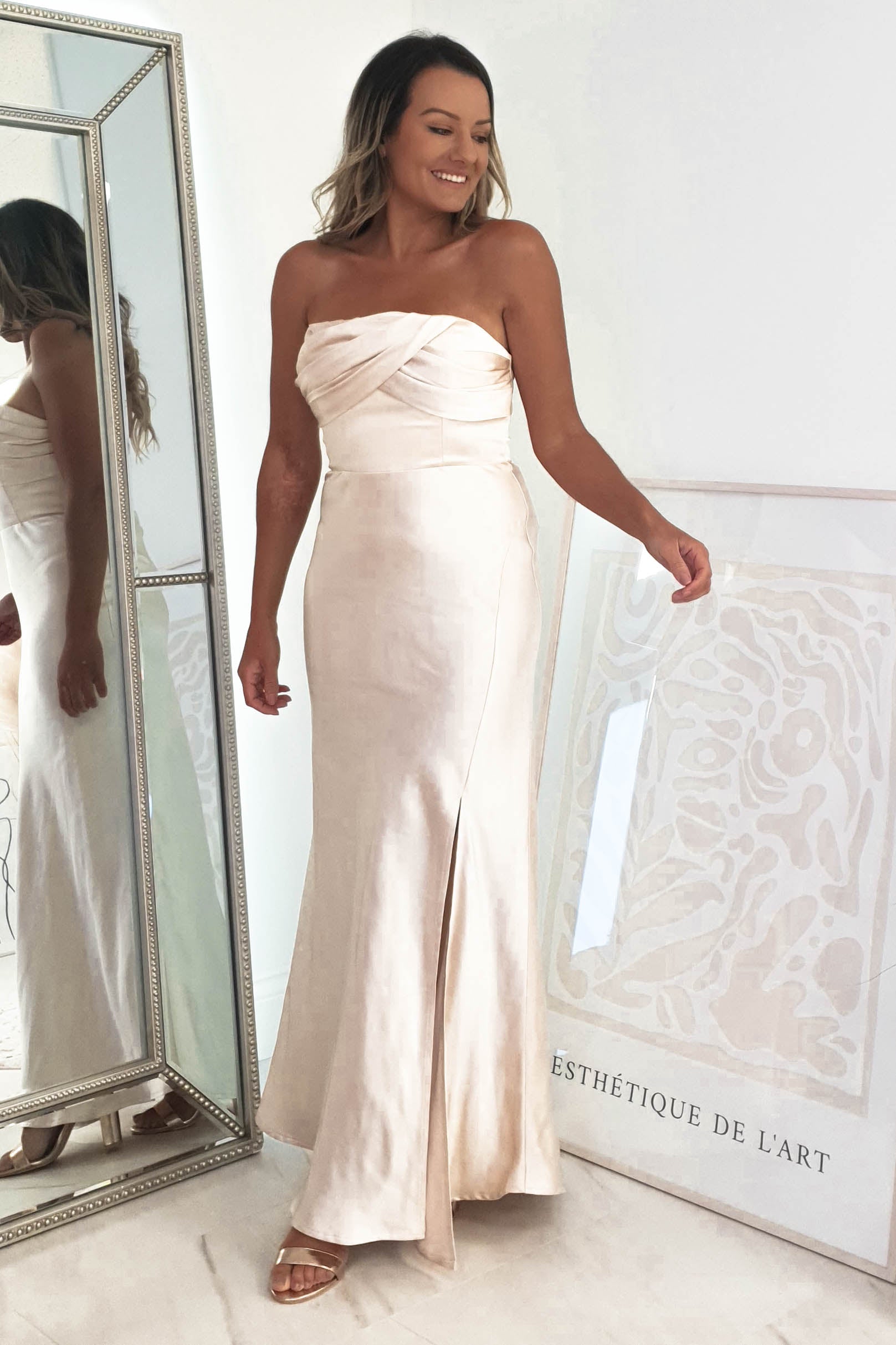 Everly Strapless Satin Midi Dress | Champange | Oh Hello Clothing | 6 (XS)