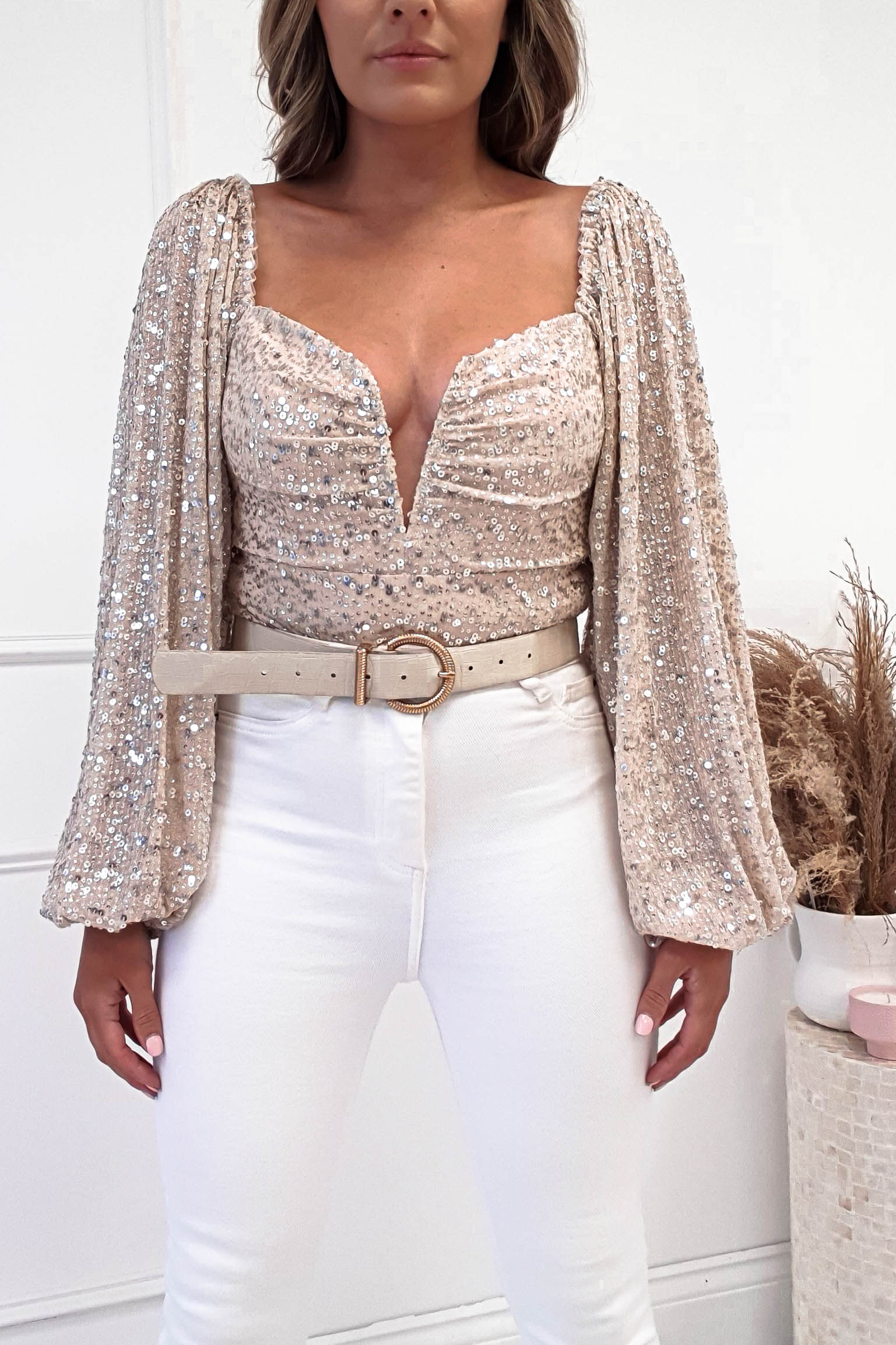 Astria Long Sleeve Sequin Bodysuit Top | Beige | Oh Hello Clothing | XS (6)