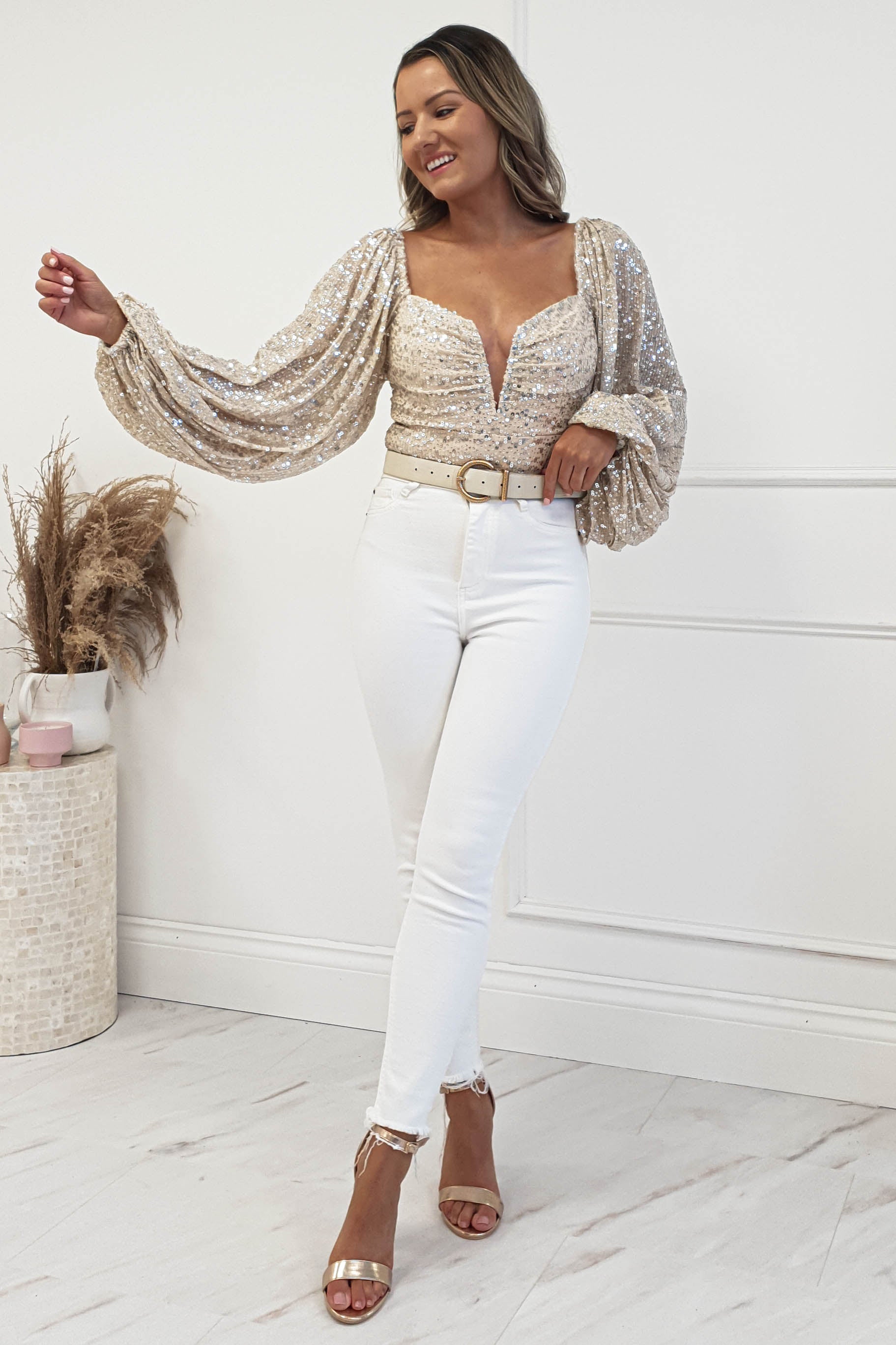 Astria Long Sleeve Sequin Bodysuit Top | Beige | Oh Hello Clothing | XS (6)