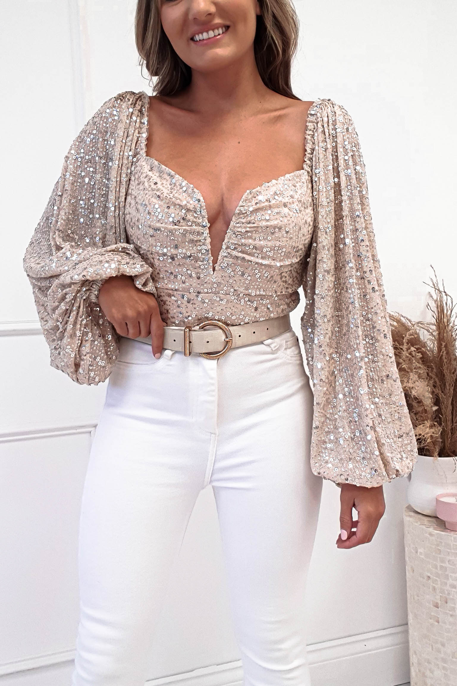 Astria Long Sleeve Sequin Bodysuit Top | Beige | Oh Hello Clothing | XS (6)