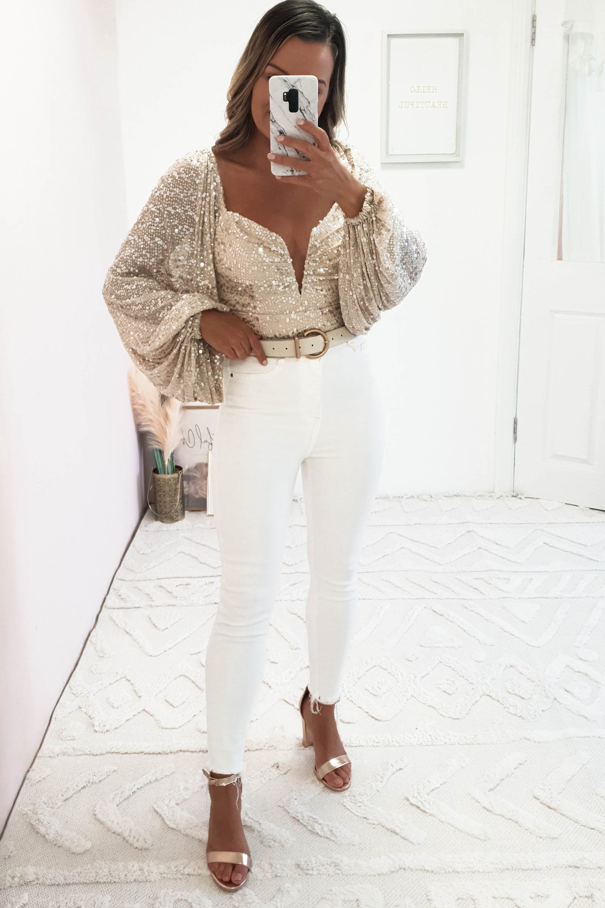 Astria Long Sleeve Sequin Bodysuit Top | Beige | Oh Hello Clothing | XS (6)