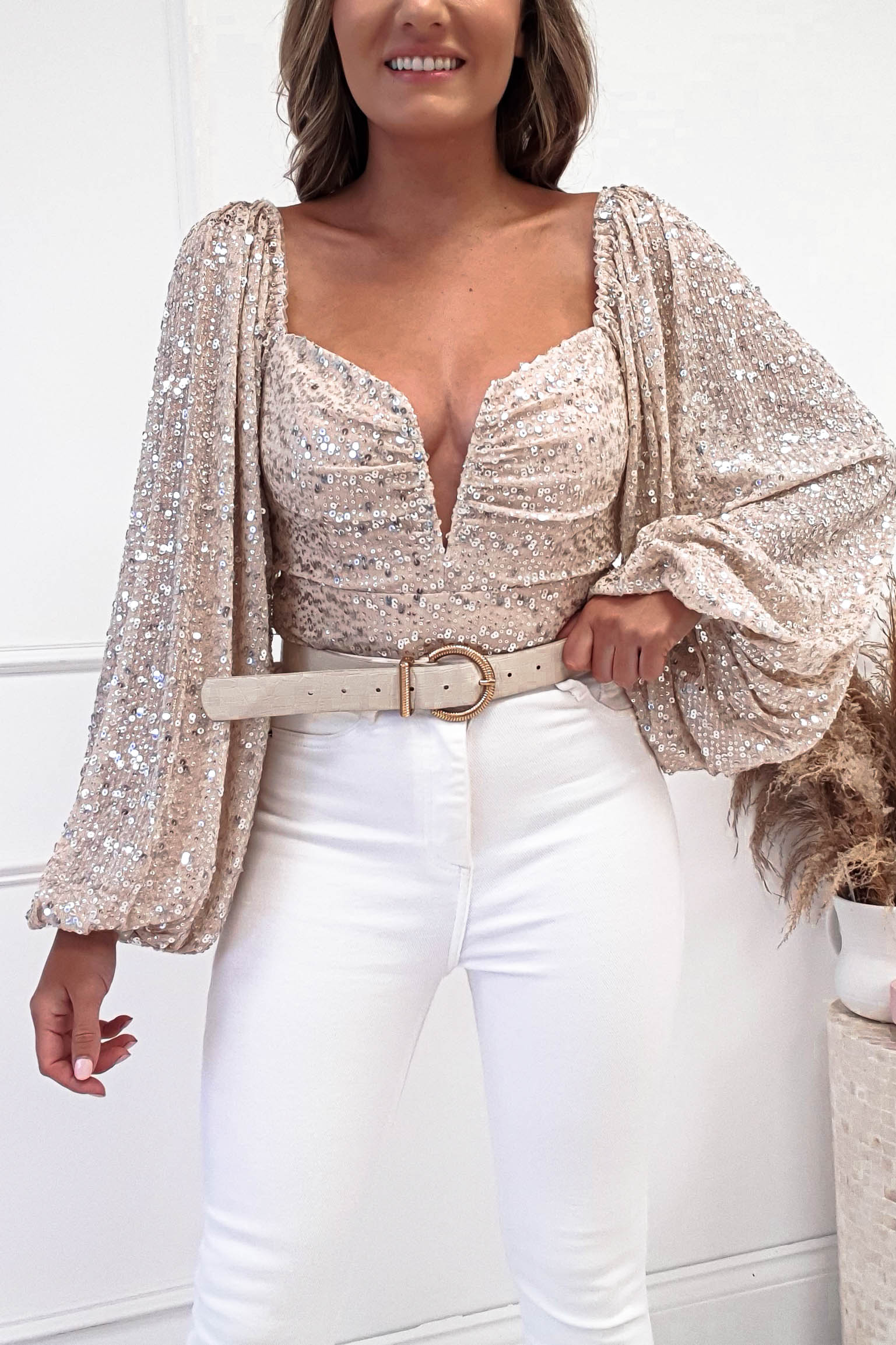 Astria Long Sleeve Sequin Bodysuit Top | Beige | Oh Hello Clothing | XS (6)