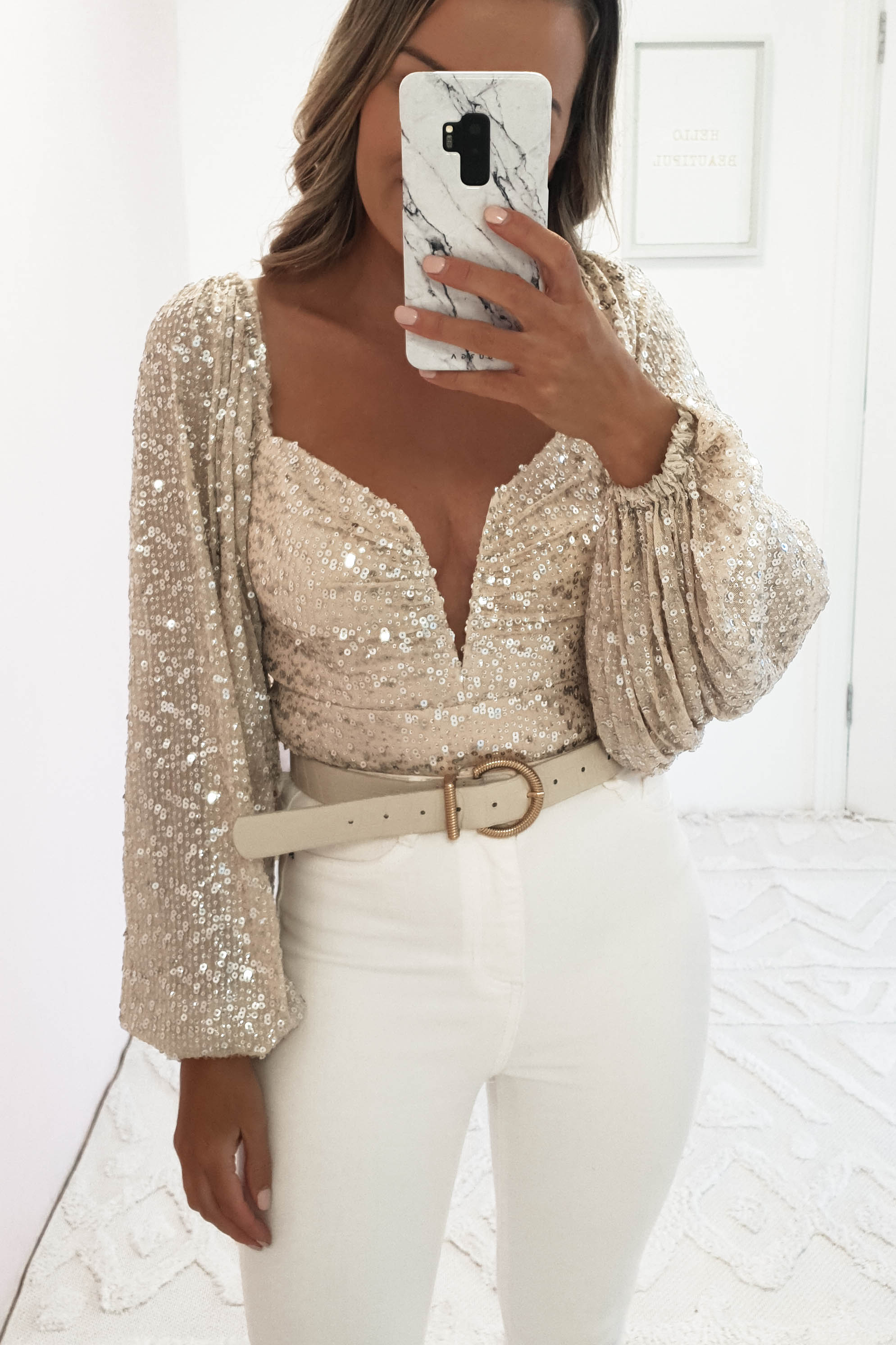 Astria Long Sleeve Sequin Bodysuit Top | Beige | Oh Hello Clothing | XS (6)