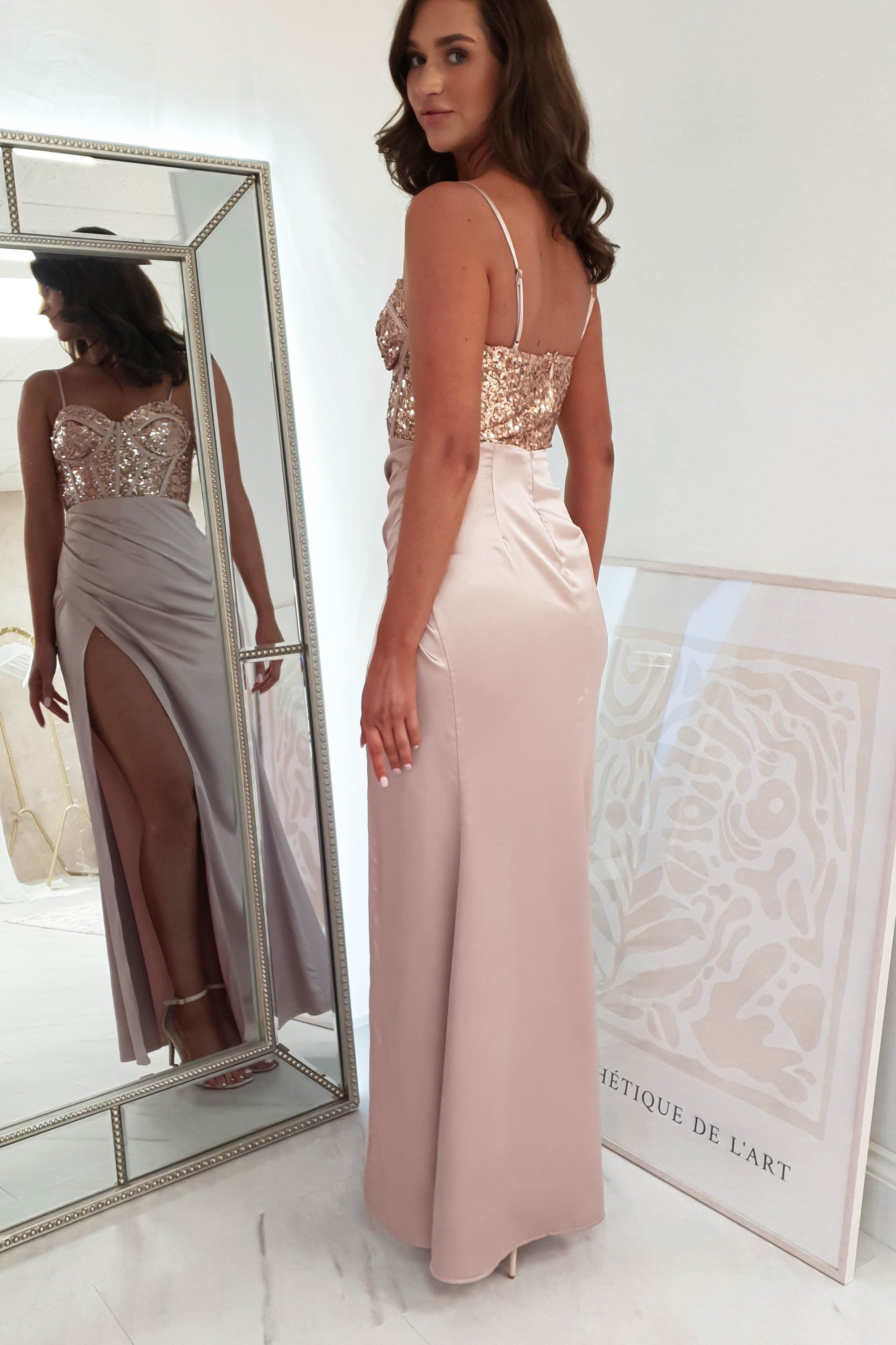 Margaux Satin Corset Maxi Dress | Rose Gold | Oh Hello Clothing | XS (6)