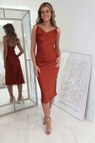 Natalie Satin Cowl Neck Midi  | Rust - Oh Hello Clothing