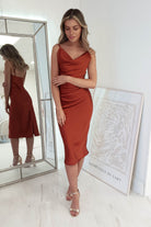 Natalie Satin Cowl Neck Midi  | Rust - Oh Hello Clothing